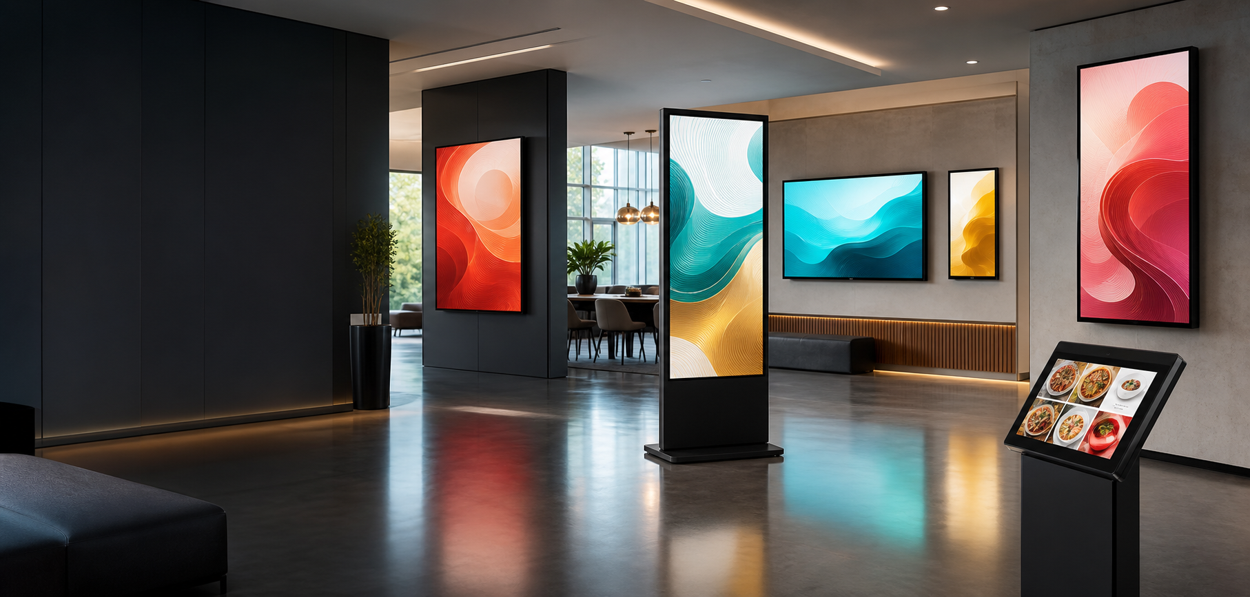 Digital signage showroom with wall screens and freestanding displays