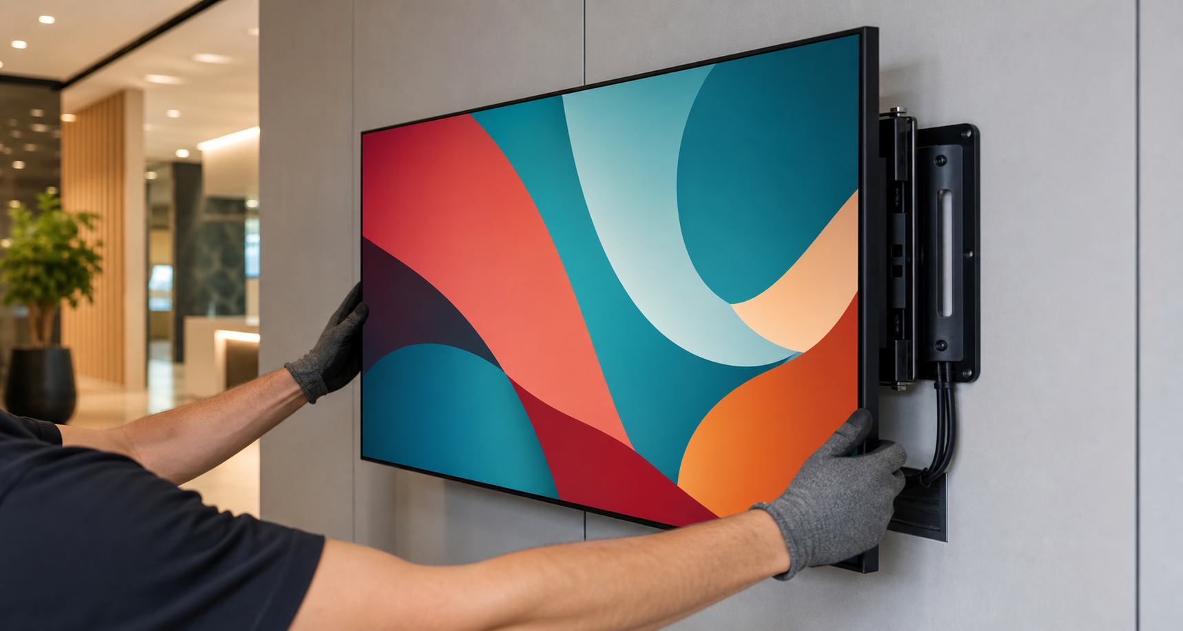 Technician installing a wall-mounted digital signage display